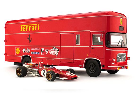 OM 160 Rolfo Ferrari race transporter set with Ferrari 312B T-car Jacky Ickx by brumm