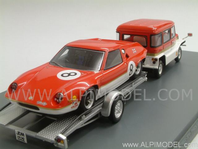 Mini Moke Team Lotus Gold Leaf with Lotus Europa #8 on trailer - Silverstone 1968 by spark-model