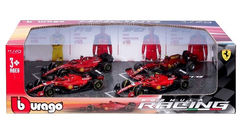 Ferrari Set (4 models) SF23 Leclerc + SF23 Sainz 2023 + F1-75 Leclerc + F1-75 Sainz 2022 by burago