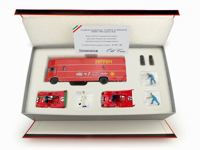 Ferrari Transporter Set Targa Florio OM 160 Rolfo + 2x Ferrari 312PB +drivers +mechanics - brumm