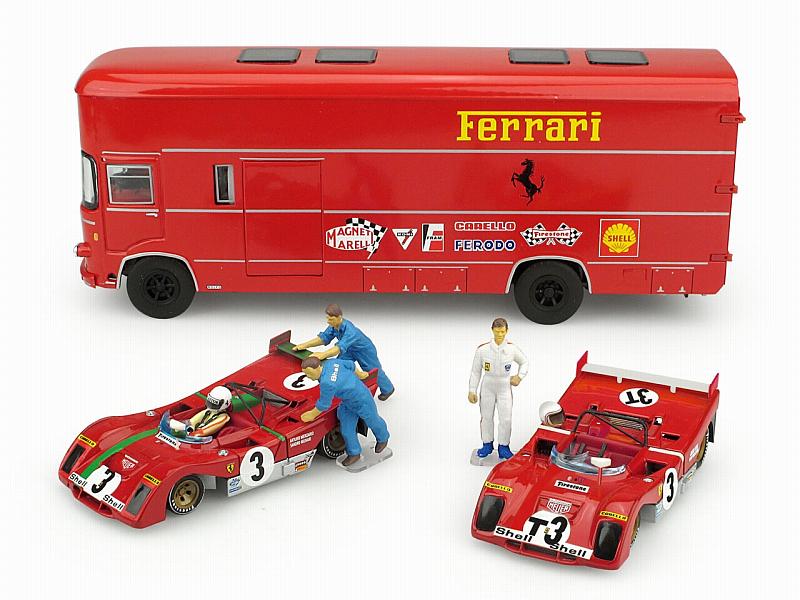 Ferrari Transporter Set Targa Florio OM 160 Rolfo + 2x Ferrari 312PB +drivers +mechanics by brumm