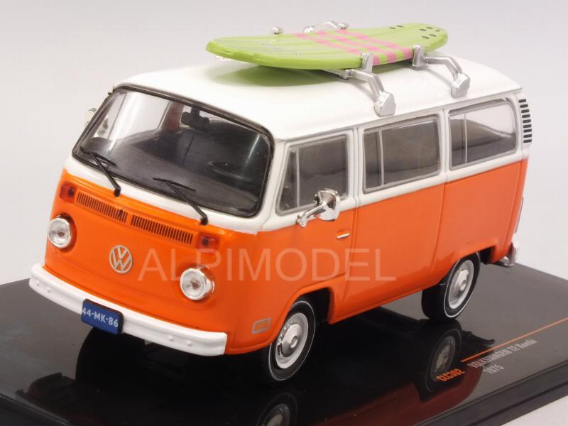 Volkswagen T2 Kombi Bus 1975 with surfboard (Orange/White) by ixo-models