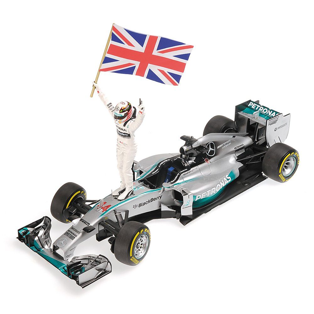 Mercedes AMG F1 W05 Winner GP Abu Dhabi 2014 World Champion Lewis Hamilton With Figurine & Flag - minichamps