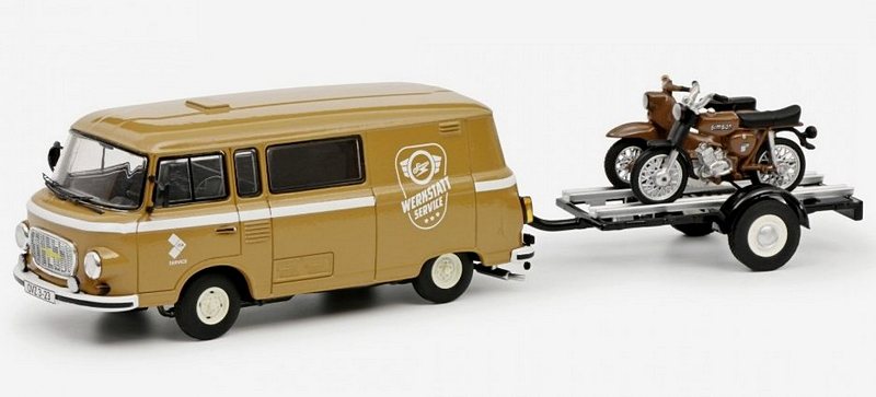 Barkas B1000 Van Werkstatt Service with trailer+ 2 Motorcycles 1965 by schuco